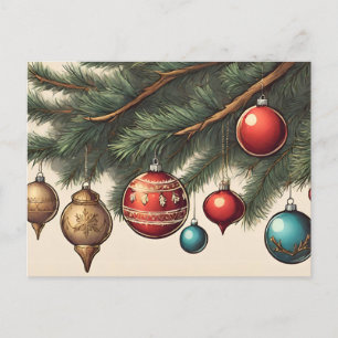 Vintage Christmas Ornaments Hanging on Branch Holiday Postcard