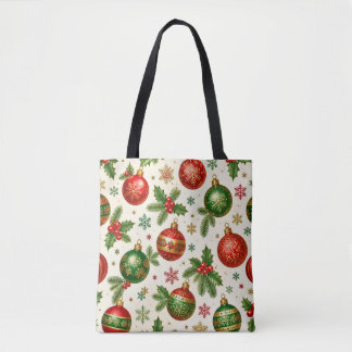 Vintage Christmas Ornaments & Holly Pattern – Red Tote Bag