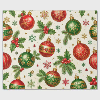 Vintage Christmas Ornaments & Holly Pattern – Red Wrapping Paper