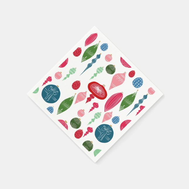Vintage Christmas Ornaments Multi on White Napkin (Corner)