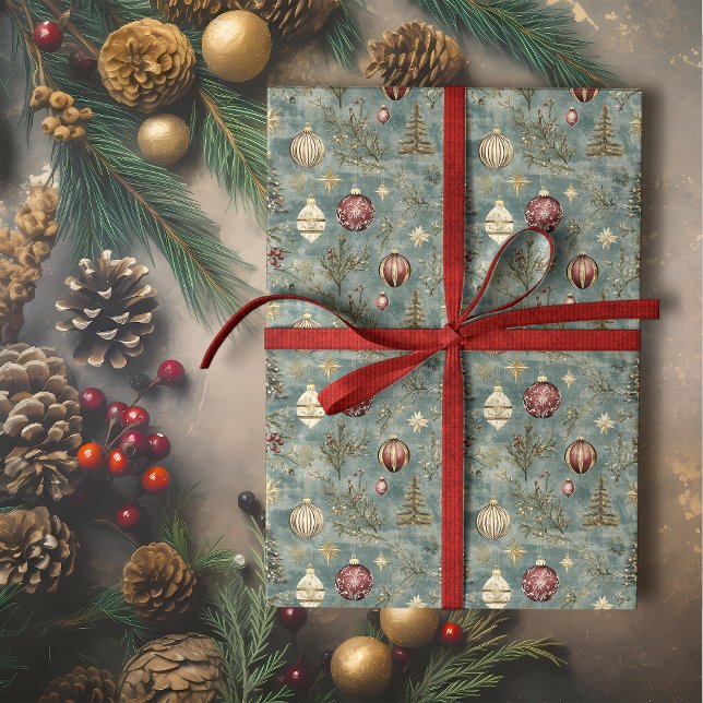 Vintage Christmas Ornaments on Blue Wrapping Paper (Creator Uploaded)