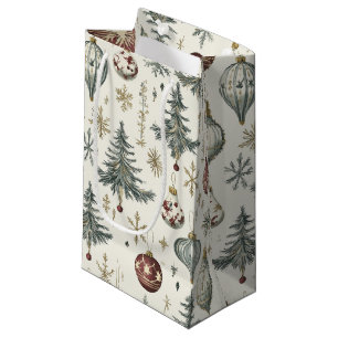 Vintage Christmas Ornaments on Cream Small Gift Bag