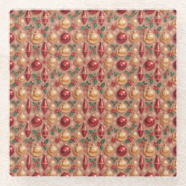 Vintage Christmas Ornaments Seamless Pattern Glass Coaster (Front)