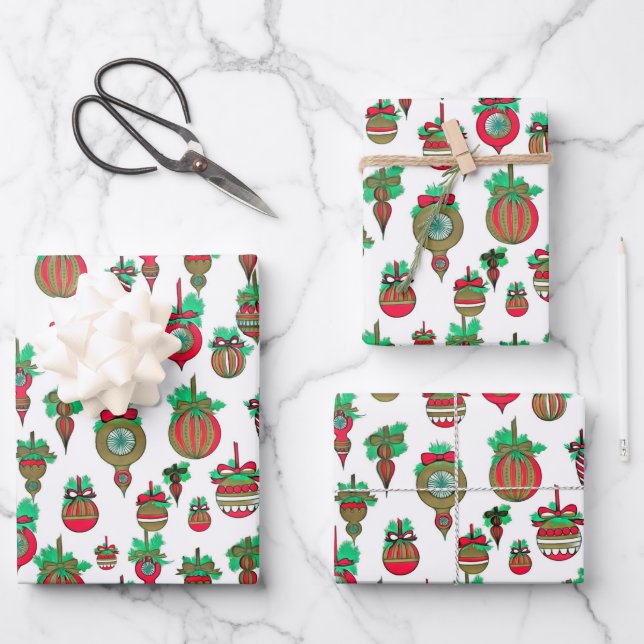 Vintage Christmas Ornaments Wrapping Paper Sheet (Front)