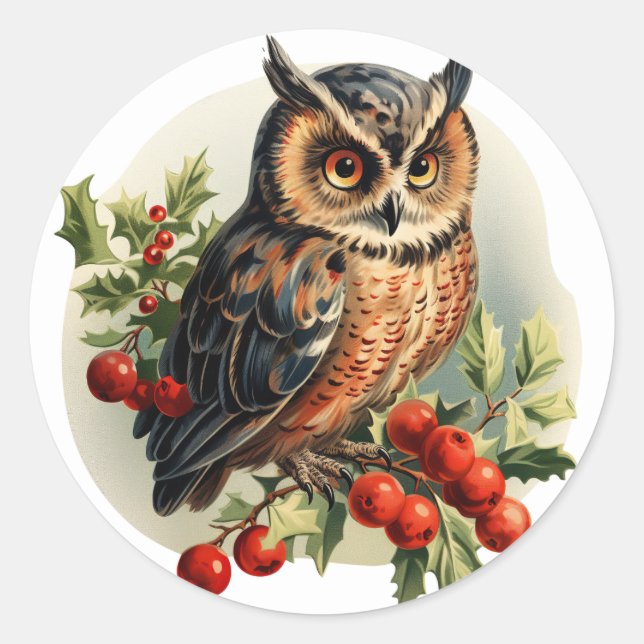 Vintage Christmas Owl Classic Round Sticker (Front)