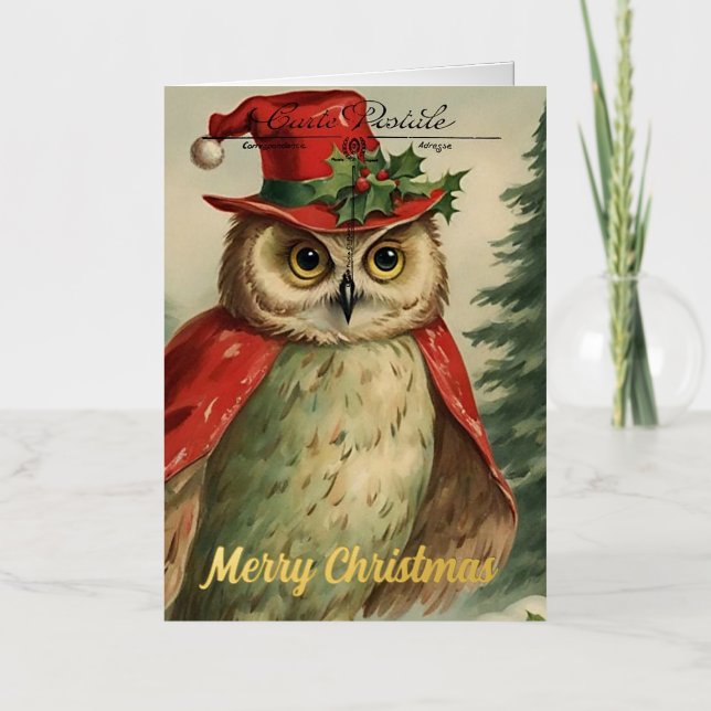 Vintage Christmas Owl Collage  Foil Greeting Card (Front)