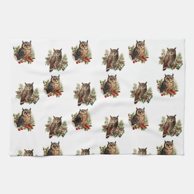 Vintage Christmas Owl Tea Towel (Horizontal)