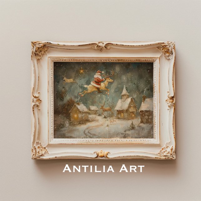  Vintage Christmas Painting Santa Claus & Reindeer Poster (Creator Uploaded)