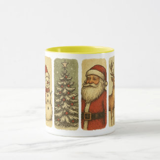 Vintage Christmas Panel Art – Retro Santa, Snowman Mug