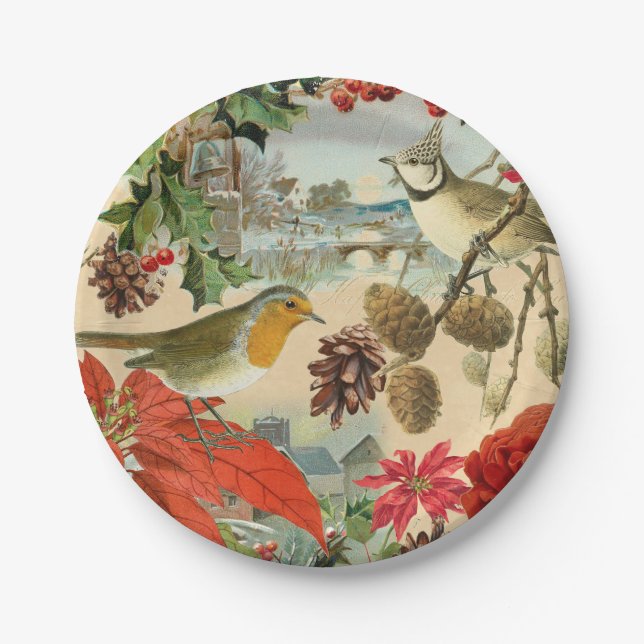 Vintage Christmas paper plates w/ birds and flower (Front)