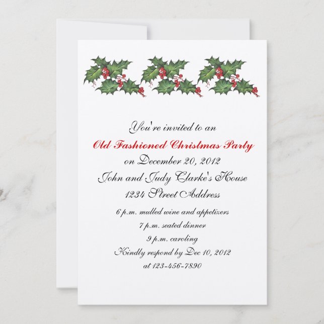 Vintage Christmas Party Invitations Holly (Front)