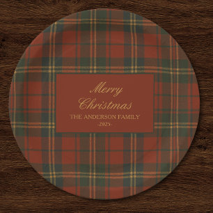 Vintage Christmas Party Plaid Classic Timeless Paper Plate