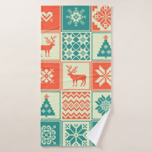 Vintage Christmas patchwork seamless pattern. Trad Bath Towel