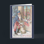 Vintage Christmas - Patriotic Santa Brings Gifts, Card<br><div class="desc">A vintage patriotic Christmas card image features a tall and lean Santa Claus dressed like Uncle Sam. In his bag of toys and gifts he also carries American flags. He's standing outside a window of a home where children inside are watching for Santa. The front of the card says "A...</div>