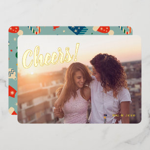 Vintage Christmas Pattern Cheers One Photo Gold Foil Holiday Card