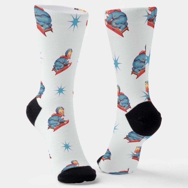 Vintage Christmas Pattern, Child Sledding in Snow Socks (Angled)