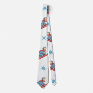 Vintage Christmas Pattern, Child Sledding in Snow Tie