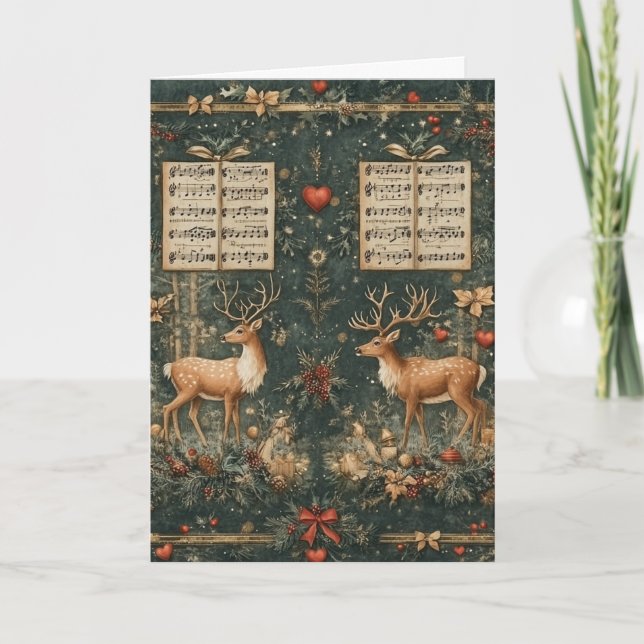 Vintage Christmas Pattern Deer Sheet Music  Bows   Card (Front)
