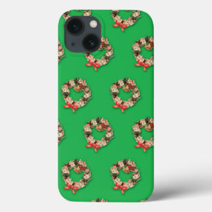 Vintage Christmas Pattern, Floral Wreaths on Green iPhone 13 Case