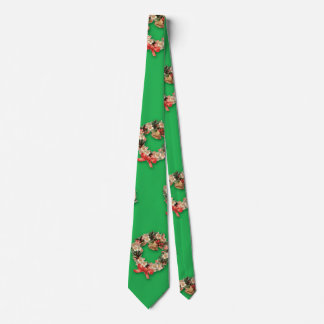 Vintage Christmas Pattern, Floral Wreaths on Green Tie
