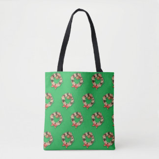 Vintage Christmas Pattern, Floral Wreaths on Green Tote Bag