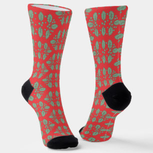 Vintage Christmas Pattern, Green Red Holly Berries Socks