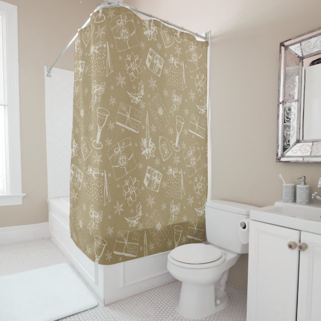 vintage christmas pattern hand drawn shower curtain (In Situ)