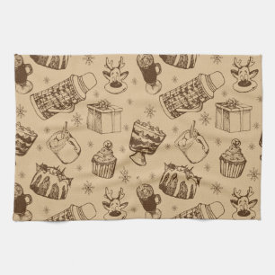vintage christmas pattern hand drawn tea towel