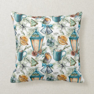 Vintage Christmas Pattern in Teal and Ivory Cushion