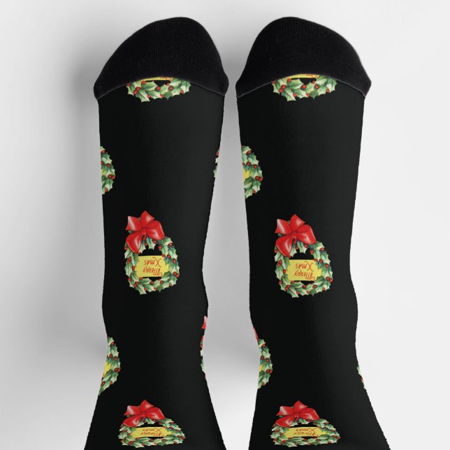Vintage Christmas Pattern, Merry Xmas in Wreath Socks (Top)