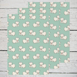 Vintage Christmas Pattern with Baby Lamb on Green Wrapping Paper Sheet