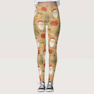 Vintage Christmas Pattern With Santa Claus Leggings