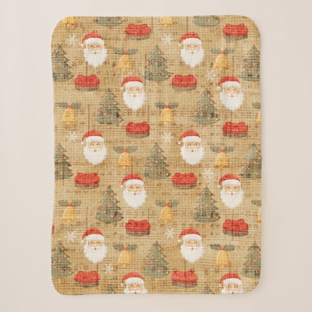 Vintage Christmas Pattern With Santa Claus Sherpa Blanket (Front)