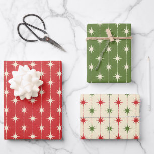 Vintage Christmas Patterns Retro Red Green Cream Wrapping Paper Sheet