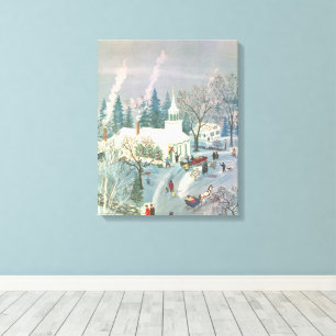 Vintage Christmas, People Going to Church in Snow Canvas Print