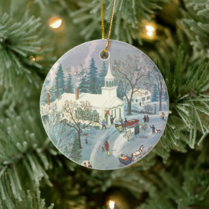 Vintage Christmas, People Going to Church in Snow Ceramic Tree Decoration