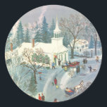 Vintage Christmas, People Going to Church in Snow Classic Round Sticker<br><div class="desc">Vintage illustration Christmas holiday religious design featuring a cute chapel in the winter season with trees covered in snow. People are arriving for services in horse drawn carriages and smoke is rising from chimneys.</div>