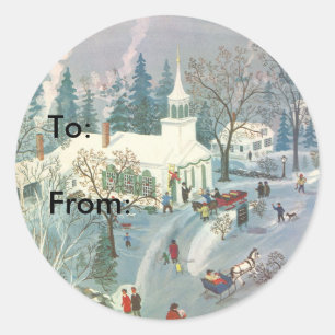 Vintage Christmas, People Going to Church in Snow Classic Round Sticker