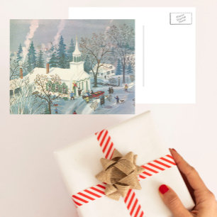 Vintage Christmas, People Going to Church in Snow Holiday Postcard