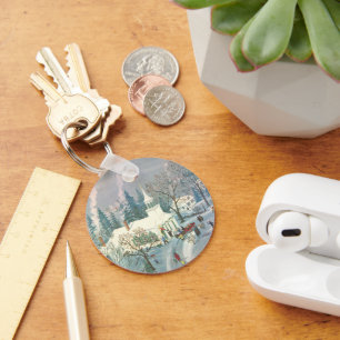 Vintage Christmas, People Going to Church in Snow Key Ring