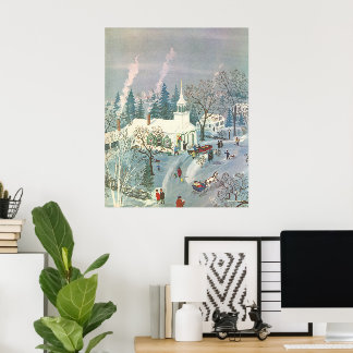 Vintage Christmas, People Going to Church in Snow Poster