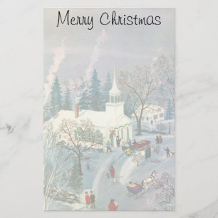 Vintage Christmas, People Going to Church in Snow Stationery