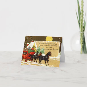 Vintage Christmas People Ridding A Horse Carriage  Card