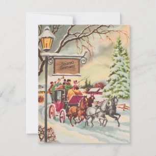 Vintage Christmas People Ridding A Horse Carriage  Holiday Card