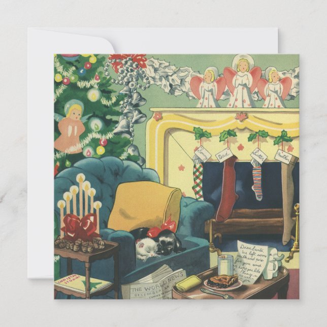 Vintage Christmas Pets in Living Room Invitation (Front)