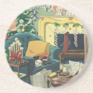 Vintage Christmas Pets in the Living Room Coaster