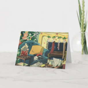 Vintage Christmas Pets in the Living Room Holiday Card