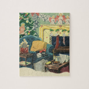 Vintage Christmas Pets in the Living Room Jigsaw Puzzle