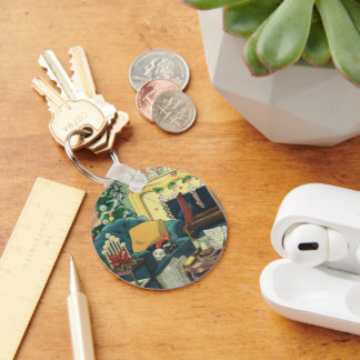 Vintage Christmas Pets in the Living Room Key Ring