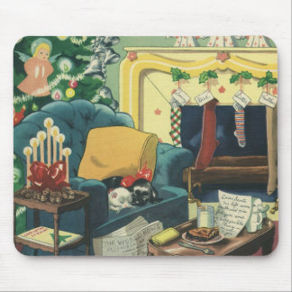 Vintage Christmas Pets in the Living Room Mouse Mat